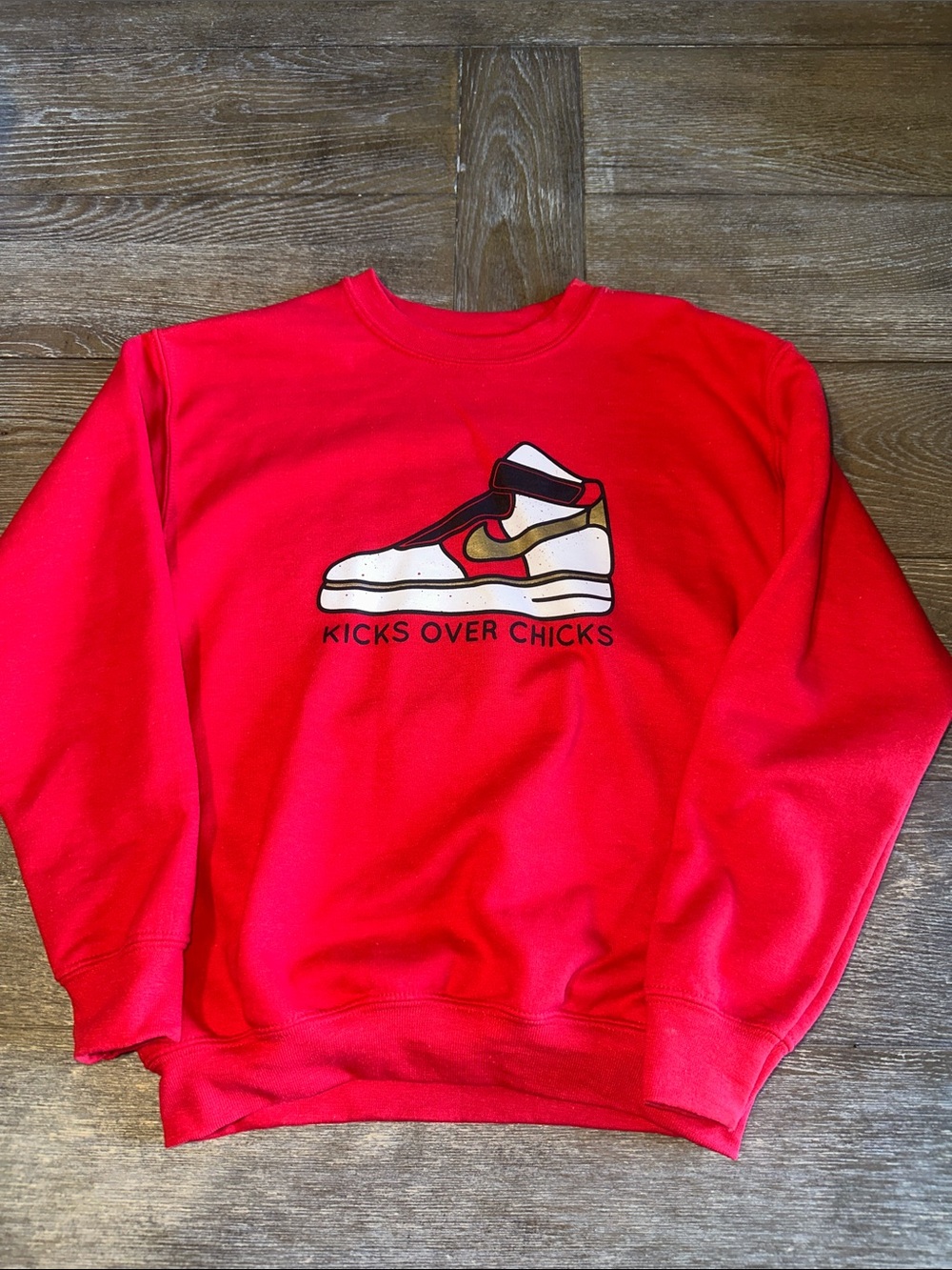 Nike shoe “kicks over chicks” Red Heavy Blend Crewneck Sweatshirt Youth Meidum